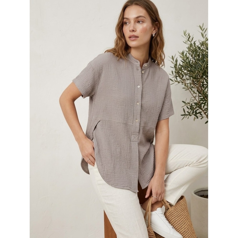 Wilfred Aritzia Grey Textured Cotton Double Gauze Button Up Shirt XS 58678